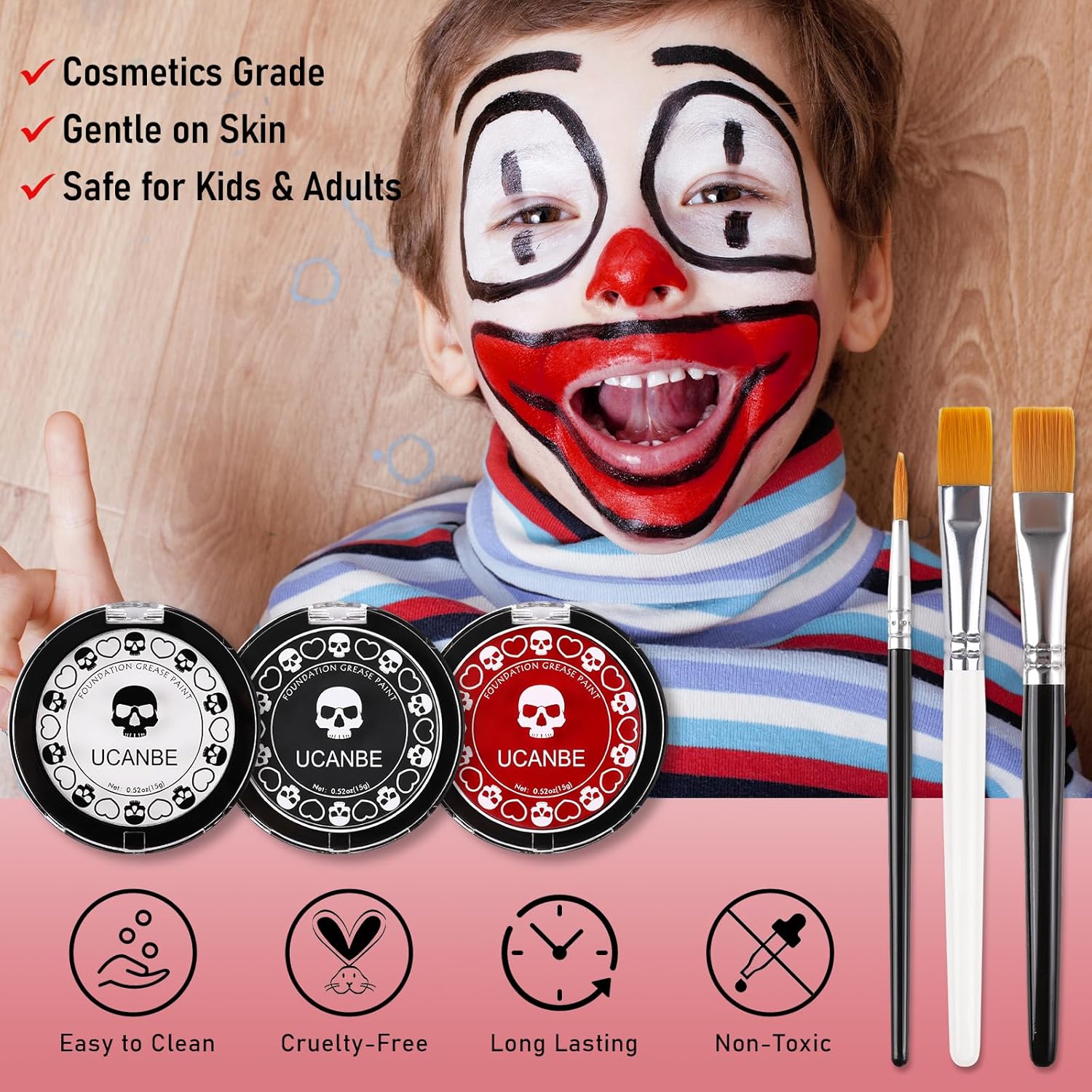 Goth White Foundation + Black Red Face Body Paint for Halloween Makeup, Face Painting Kit with Brushes Facepaint Set for Kids Adults Clown Vampire Skull SFX Make Up Costume Cosplay Party Theater Stage - Image 5