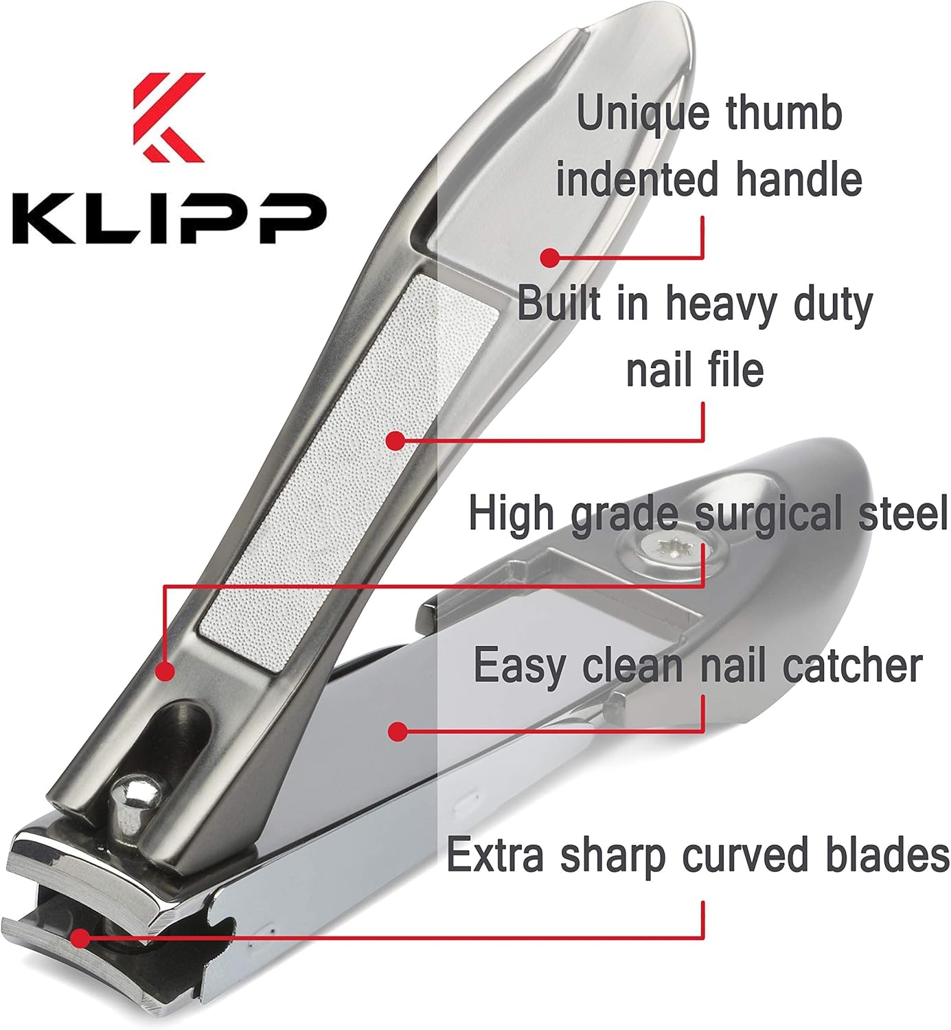 Nail Clippers with Catcher – KLIPP Heavy Duty Stainless Steel Fingernail and Toe Nail Cutter with Curved Surgical Blades and Built-in Nail File – Ergonomic Handle with Wide Jaws for Thick Nails - Image 6