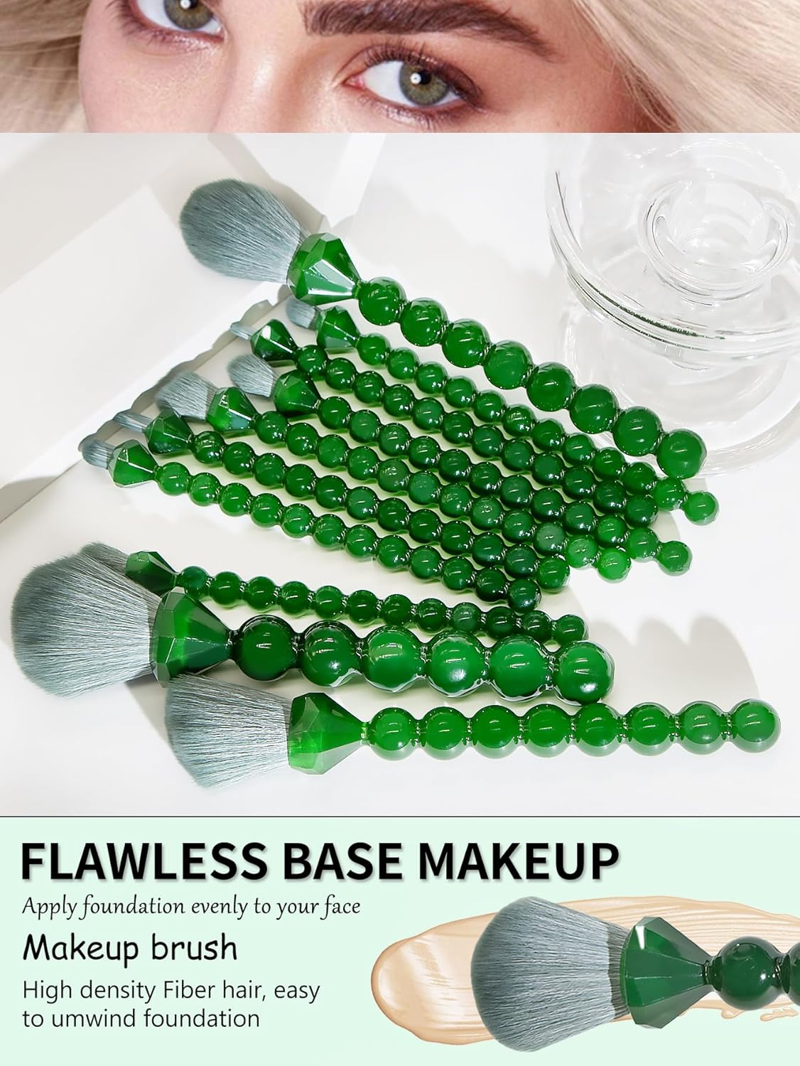COSHINE Unique Diamond and Pearl Design Makeup Brush Set, 10pcs Cute and Full Complete Powder, Concealer, Blush, Eye Shadow Cosmetic Brushes Kit (GREEN) - Image 3