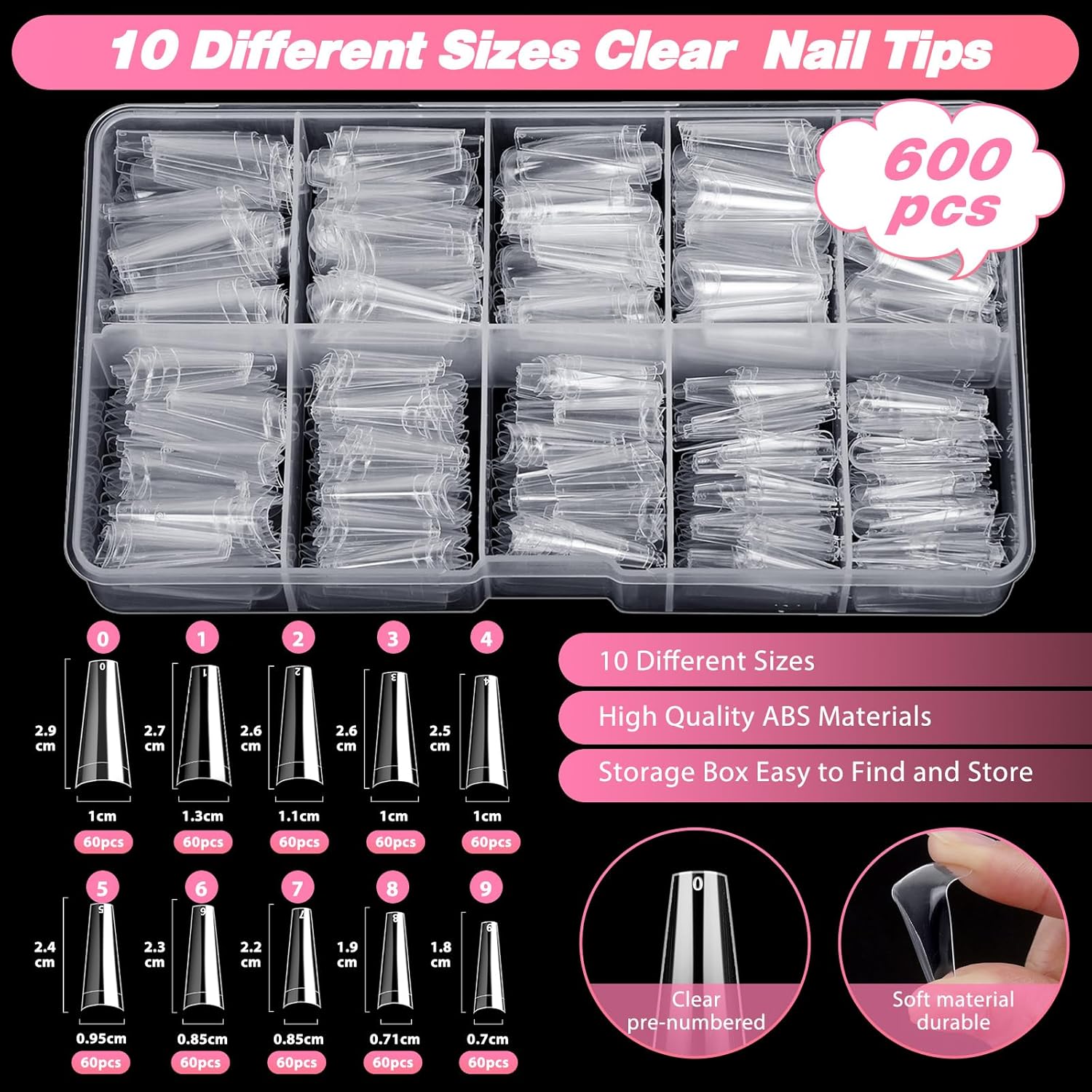 600PCS Clear Coffin Nail Tips Set - Clear Nail Tips for Acrylic Nails French Half Cover Fake Nail Tips Kit with Nail Glue, Nail Display Stand, Clipper, Cuticle Pusher Remover, Nail File and Buffer - Image 2