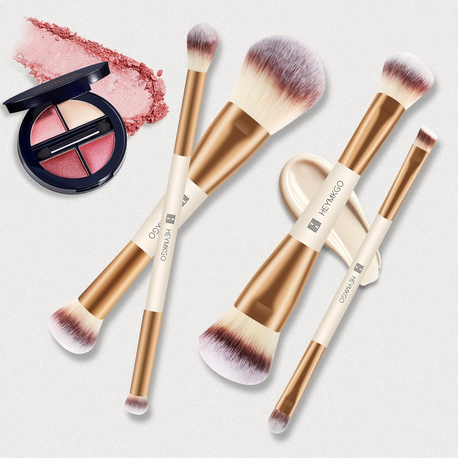 HEYMKGO Makeup Brushes Set, 4Pcs Double-ended Foundation Contour Powder Blush Concealer Eyeshadow Brush Set for Liquid, Cream, Powder for Blending Buffing Professional Face Brush Set Tools(Apricot) - Image 5