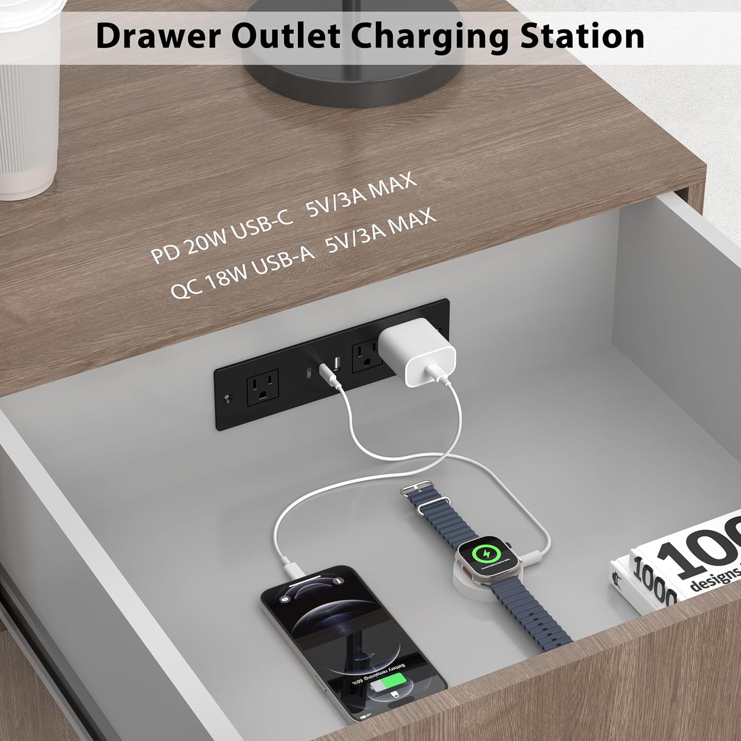 Furniture Drawer Outlet, Recessed Power Strip with (3) PD 20W USB Ports Fast Charging & (3) 15 Amp AC Outlets, (14 AWG) 5 FT Spring Black Cord - Image 3