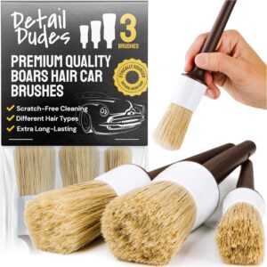 Soft Boars Hair Car Detailing Brush Set for Washing (3 Pack) - Car Detailing Kit - Automotive Cleaning Brush