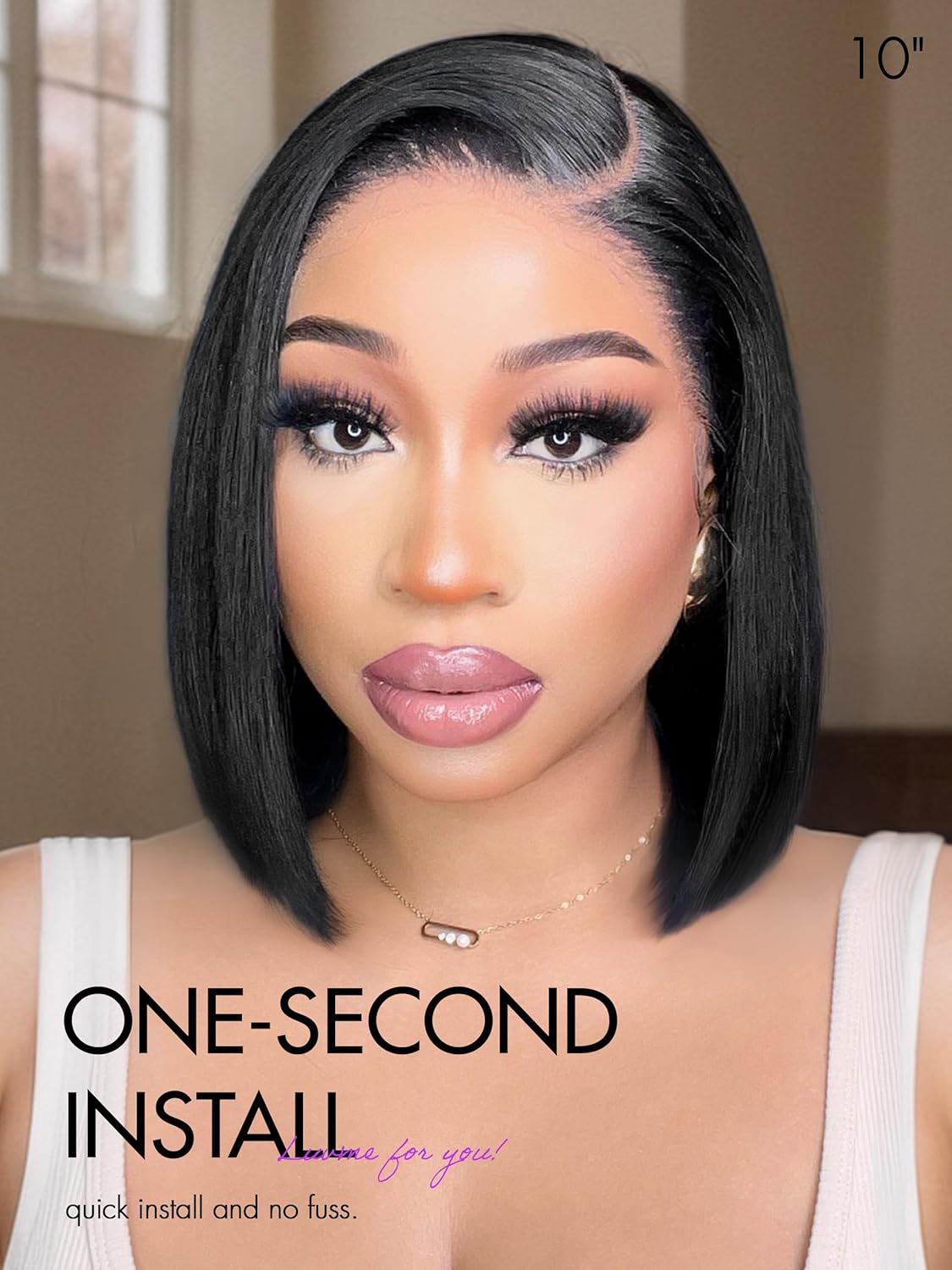 LUVME HAIR Bob Wig 100% Human Hair Wigs Glueless Lace Front 200% Density 10 Inches Bob, Pre Cut Plucked Hd Lace Short Wig Ready To Go Natural Color Straight Bleached Knots Side Part Black Wigs - Image 2