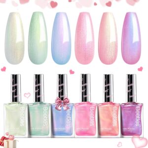 Beetles Pearl Nail Polish Set Mermaid Glow, 6 Colors Shimmer Pearl Pink Purple Quick Dry Nail Polish Long Lasting DIY Manicure Gift for Girls Women Nail Strengthener Polish