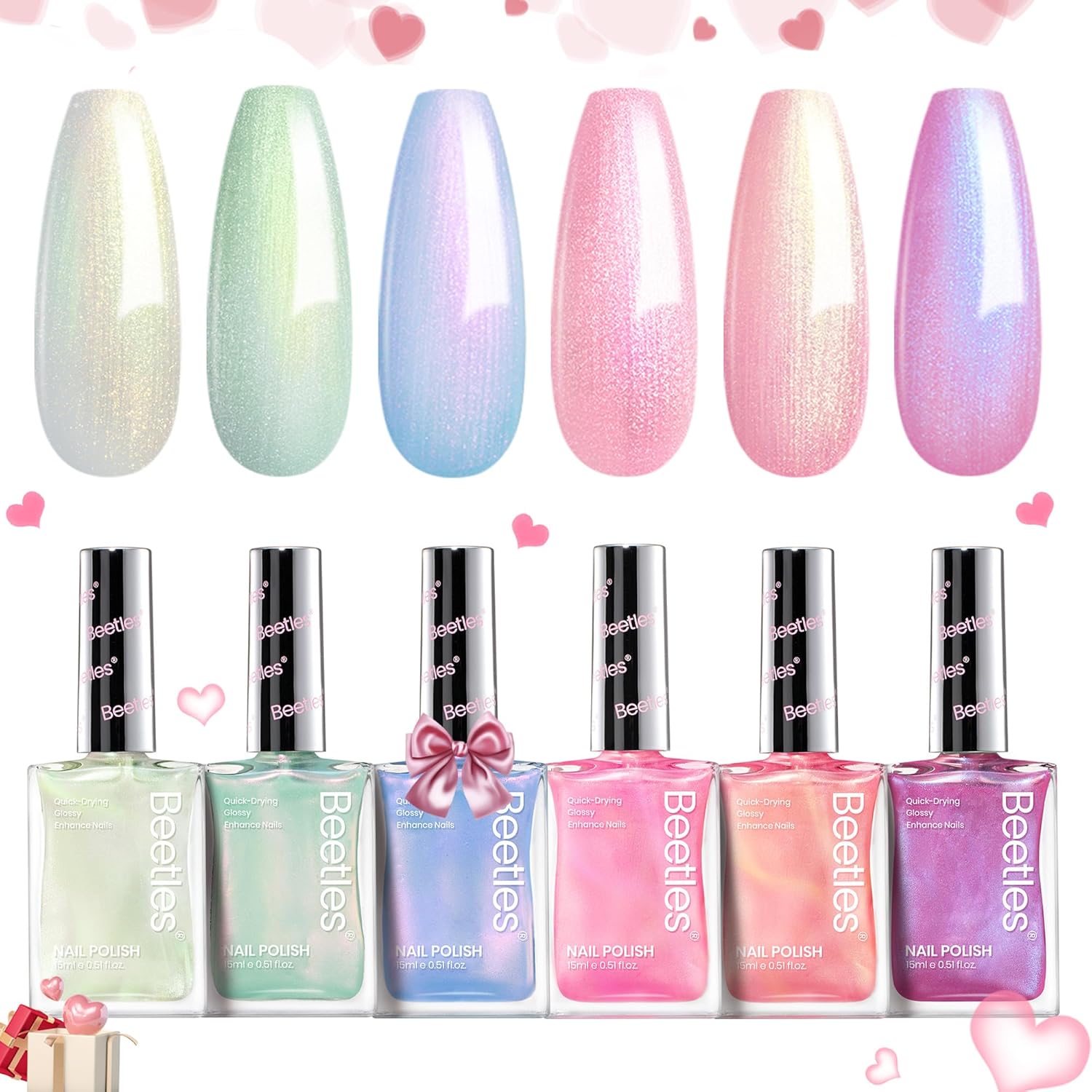 Beetles Pearl Nail Polish Set Mermaid Glow, 6 Colors Shimmer Pearl Pink Purple Quick Dry Nail Polish Long Lasting DIY Manicure Gift for Girls Women Nail Strengthener Polish