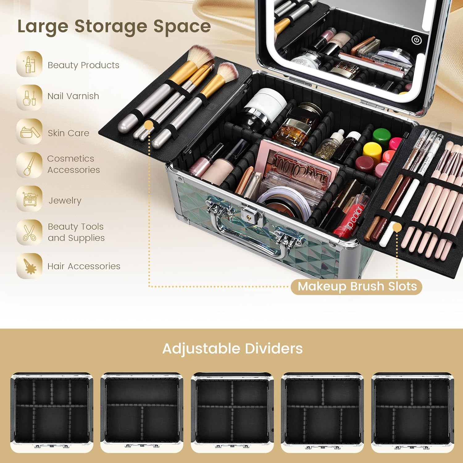 Makeup Case with Magnetic LED Mirror Travel Cosmetic Organizer Portable Makeup Box with Lighted Up Mirror Make Up Vanity Nail Box Lipstick Artist Storage with Lockable Dividers Brush Holder Shiny Blue - Image 4