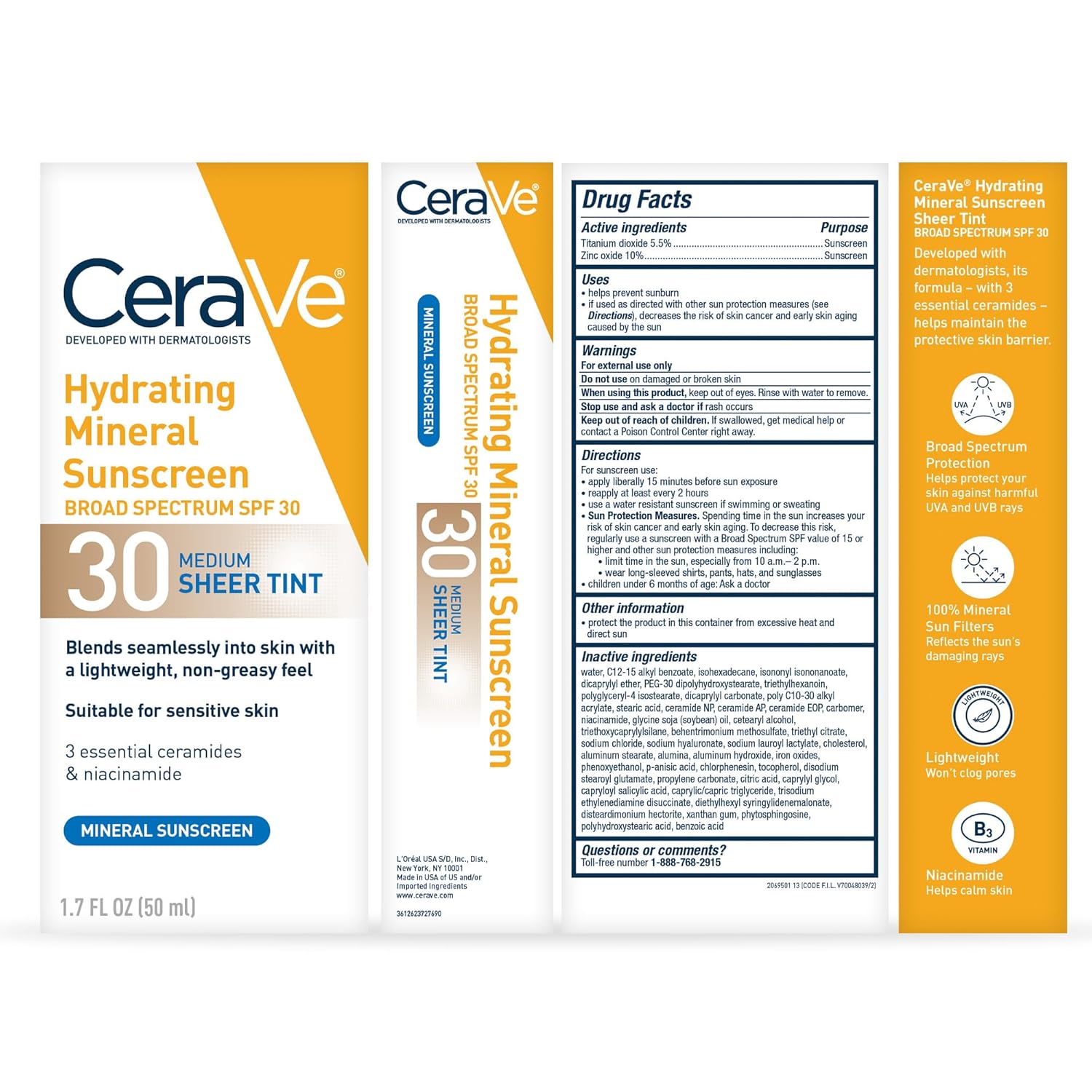 CeraVe Hydrating Mineral Sunscreen SPF 30 with Sheer Tint, Tinted Mineral Sunscreen with Zinc Oxide & Titanium Dioxide, Blends Seamlessly For Healthy Glow, Medium, 1.7 Fluid Ounce - Image 9