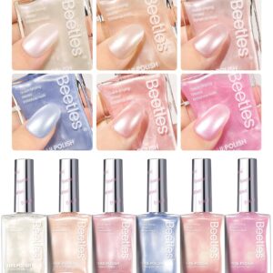 Beetles Pearl Nail Polish Set 6 Colors 15 ML Quick-drying Shimmer Glitter Pearl White Pink Blue Mermaid Nail Polish Kit, Spring Pastel Iridescent DIY Manicure Gift for Women
