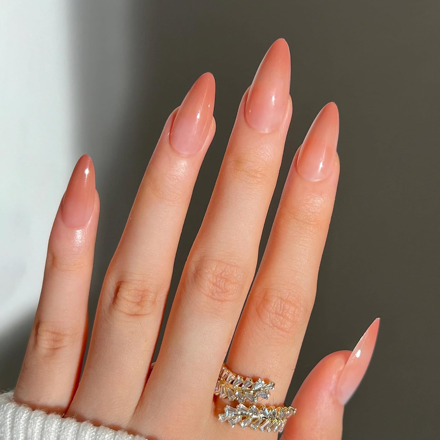 Press on Nails Almond, Ombre Nude Coral Pink Fake Nails Medium Press Ons, Glossy Full Cover Glue On Nails for Women Daily Wear, Natural Fit Acrylic Stick on Nail Kit - 24 Pieces in 12 Sizes - Image 2