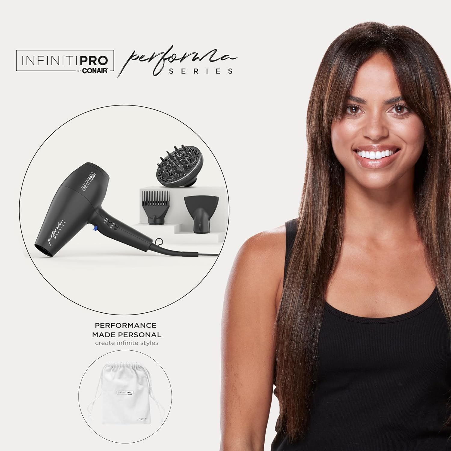 Conair Infiniti Pro Hair Dryer with Diffuser Plus 2 Other Attachments and Drawstring Storage Bag | Performa Series Hair Dryer | Blow Dryer with Professional Performance Motor | Black - Image 2