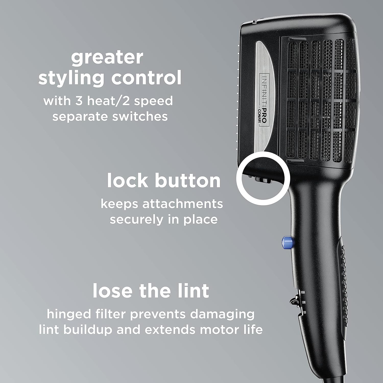 INFINITIPRO BY CONAIR 3-in-1 Styling Hair Dryer, 1875W Hair Dryer with Ceramic Technology and 3 Attachments - Image 4