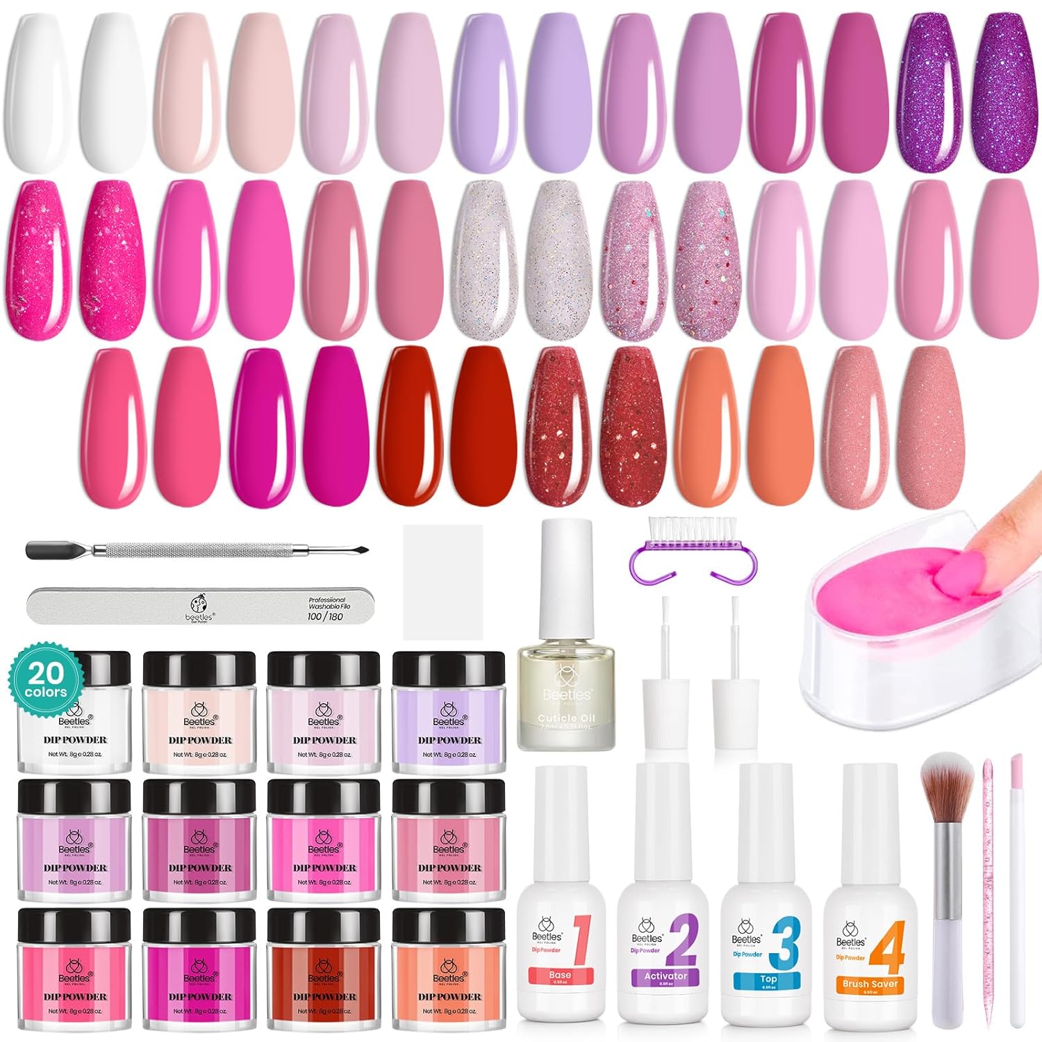 Beetles Dip Powder Nail Kit 36pcs 20 Colors Nude Hot Pink Red Glitter White Dip Nails Powder Starter Kit with Base Top Coat Activator Cuticle Oil Nail Set for Women Alluring Sweetie Collection