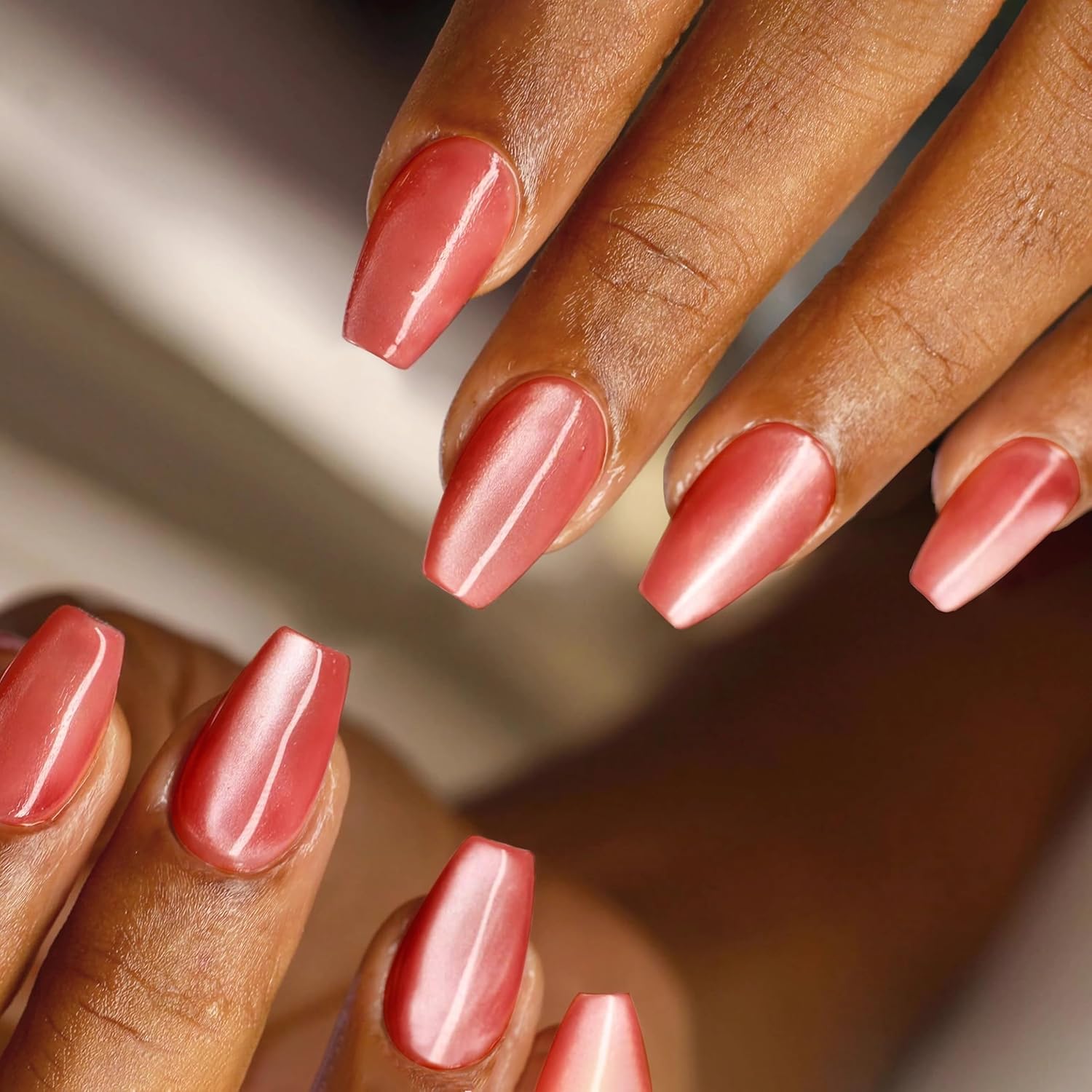 Press on Nails Coffin - Salmon Red Cat Eye Fake Nails Medium Acrylic Full Cover Glue on Nails in 12 Sizes - 24 Piece Nail Kit,Natural Fit for Women & Girls Daily Wear - Image 2