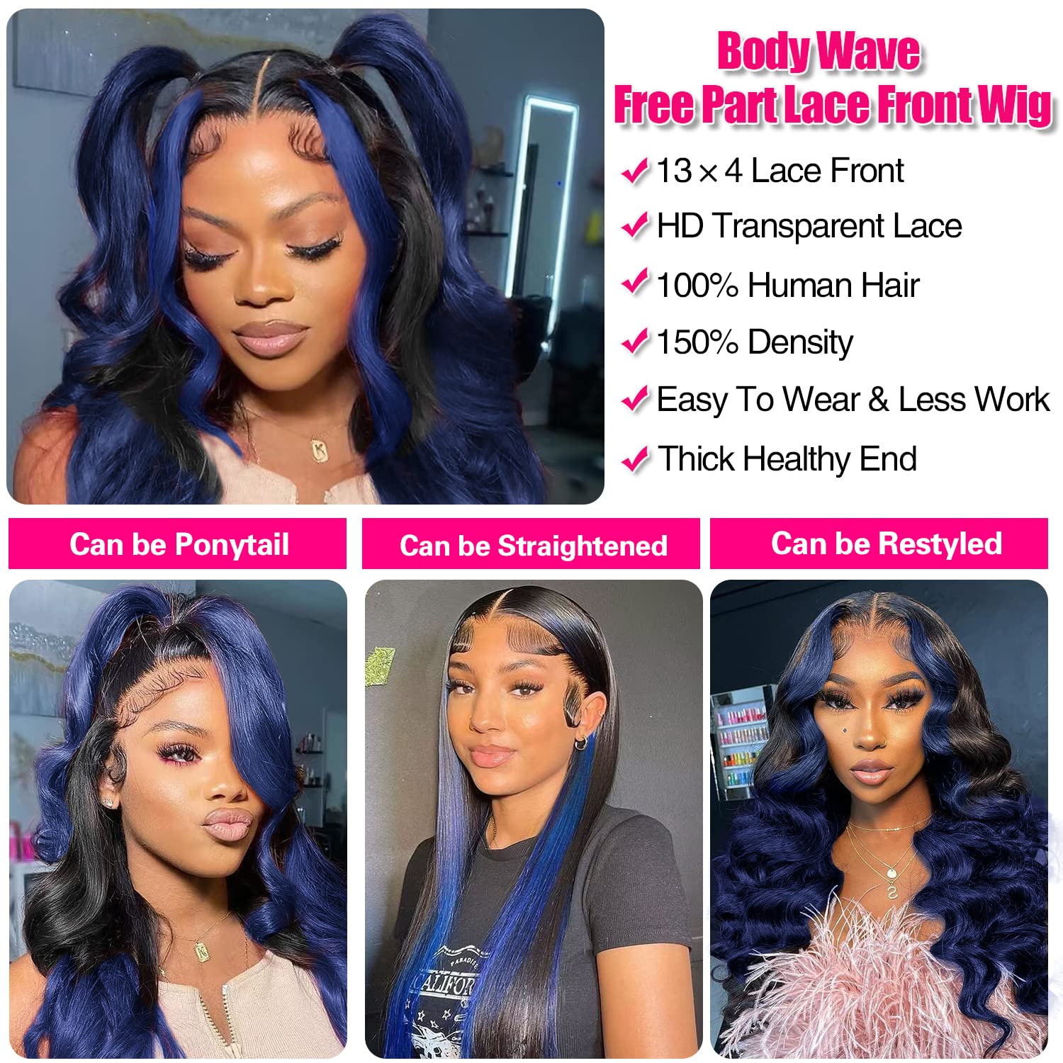Colorful Bird Ombre Blue Lace Front Wigs Human Hair Body Wave 13x4 Skunk Stripe Royal Blue Lace Front Wigs 150% 1B/blue Ombre Highlight HD Lace Front Wig Human Hair Pre Plucked with Baby Hair 18 inch - Image 4