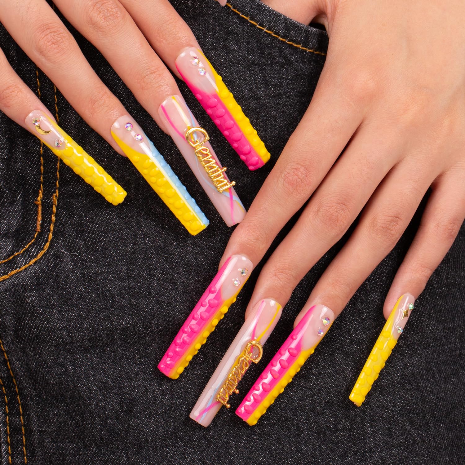 Press on Nails Gemini Blue French Tip Curve | Handmade with Full Covered Crystals | Reusable Fake Nails | Square Long 2.2 in | H172-S - Image 8
