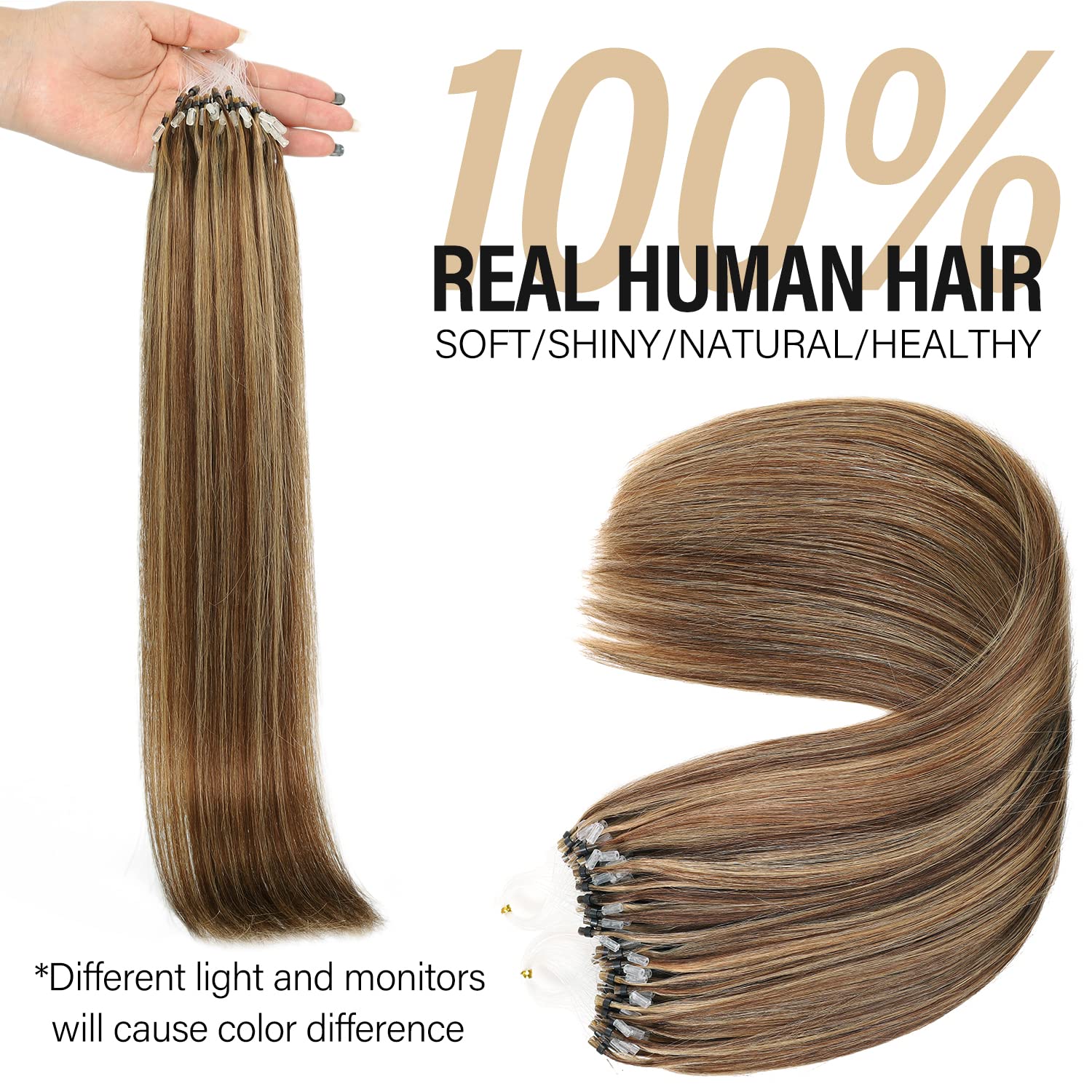 Sisily Micro Loop Human Hair Extensions Ombre Chocolate Brown Caramel Blonde Balayage 18 Inch Straight - Image 2