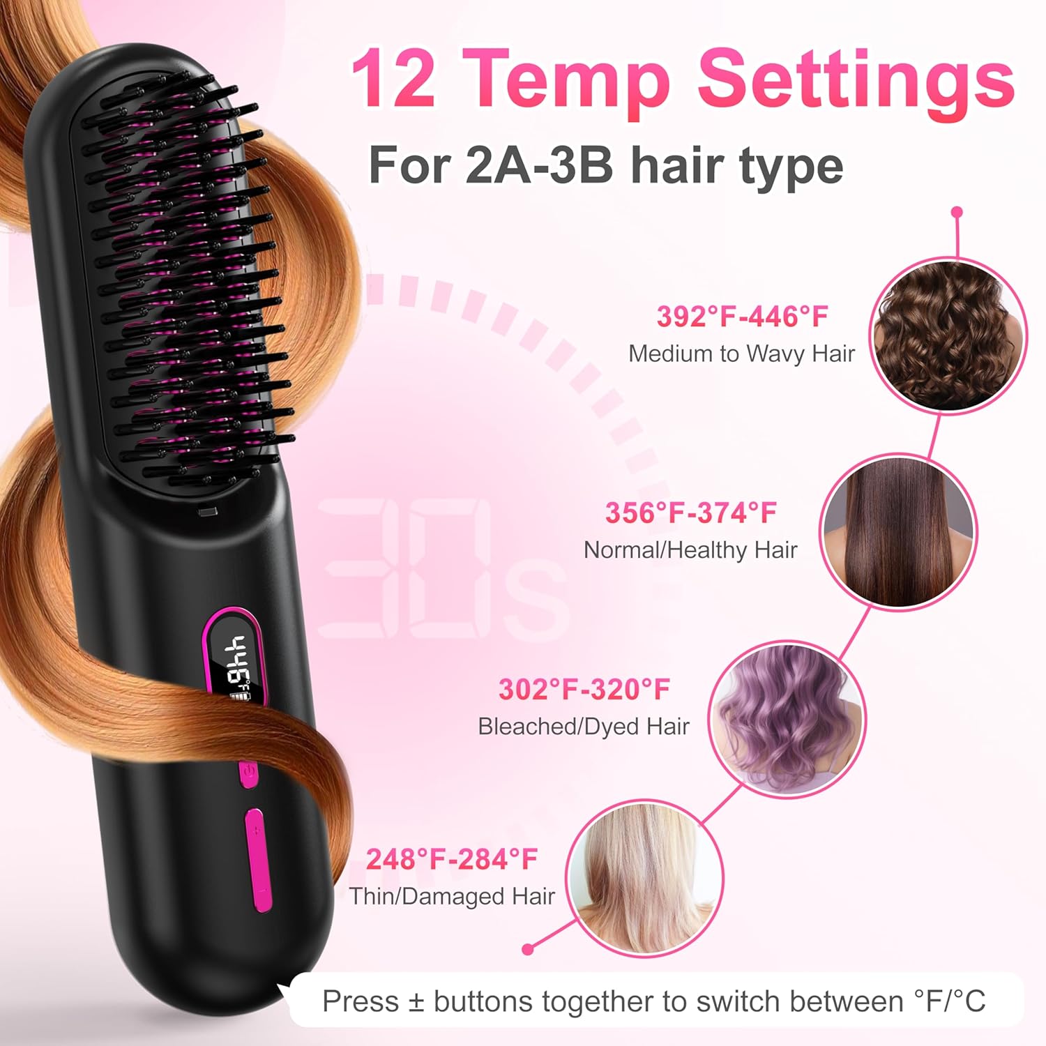 Portable USB Rechargeable Black Cordless Hair Straightener Brush for Women Anti-Scald - Image 5