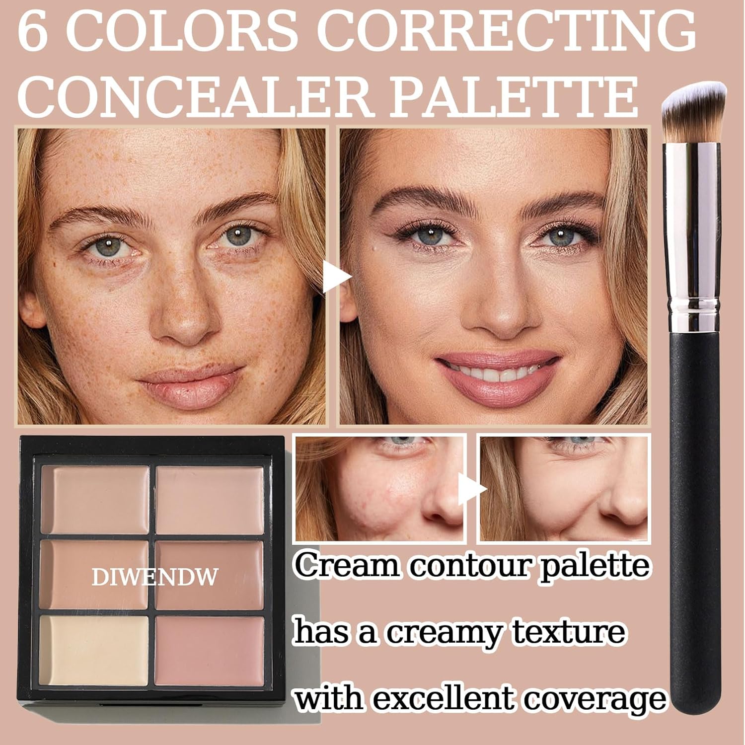 6-Color Correcting Concealer Palette with Moisturizing Full Coverage Foundation and Brush Set - Image 2