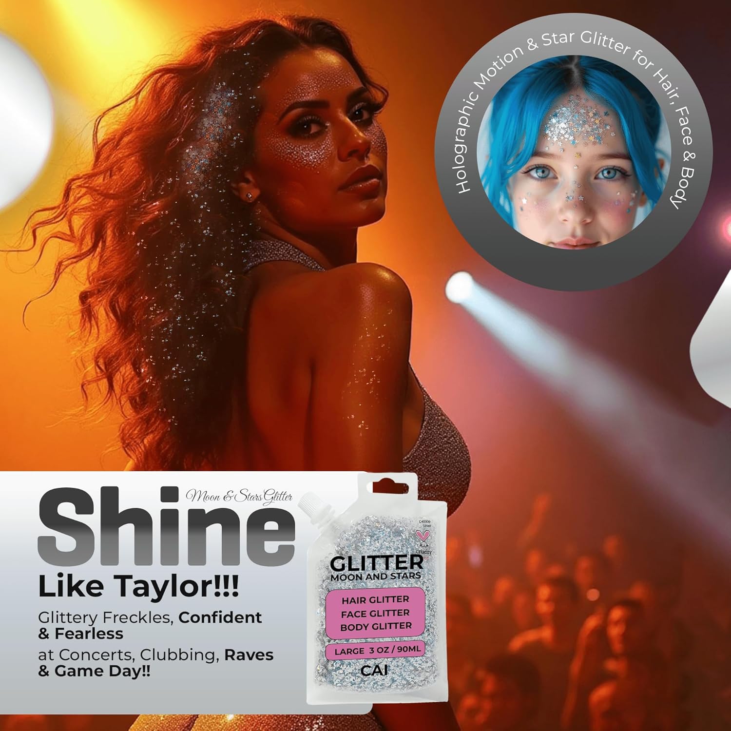 Hair Glitter Gel; Body Glitter & Face Glitter for Women/Kids (Large 3 Oz Silver) Moon & Stars; Iridescent Holograph Cosmetic Grade- Apply Without Glue, Easy to Take Off Keeps Skin Clean - Image 8