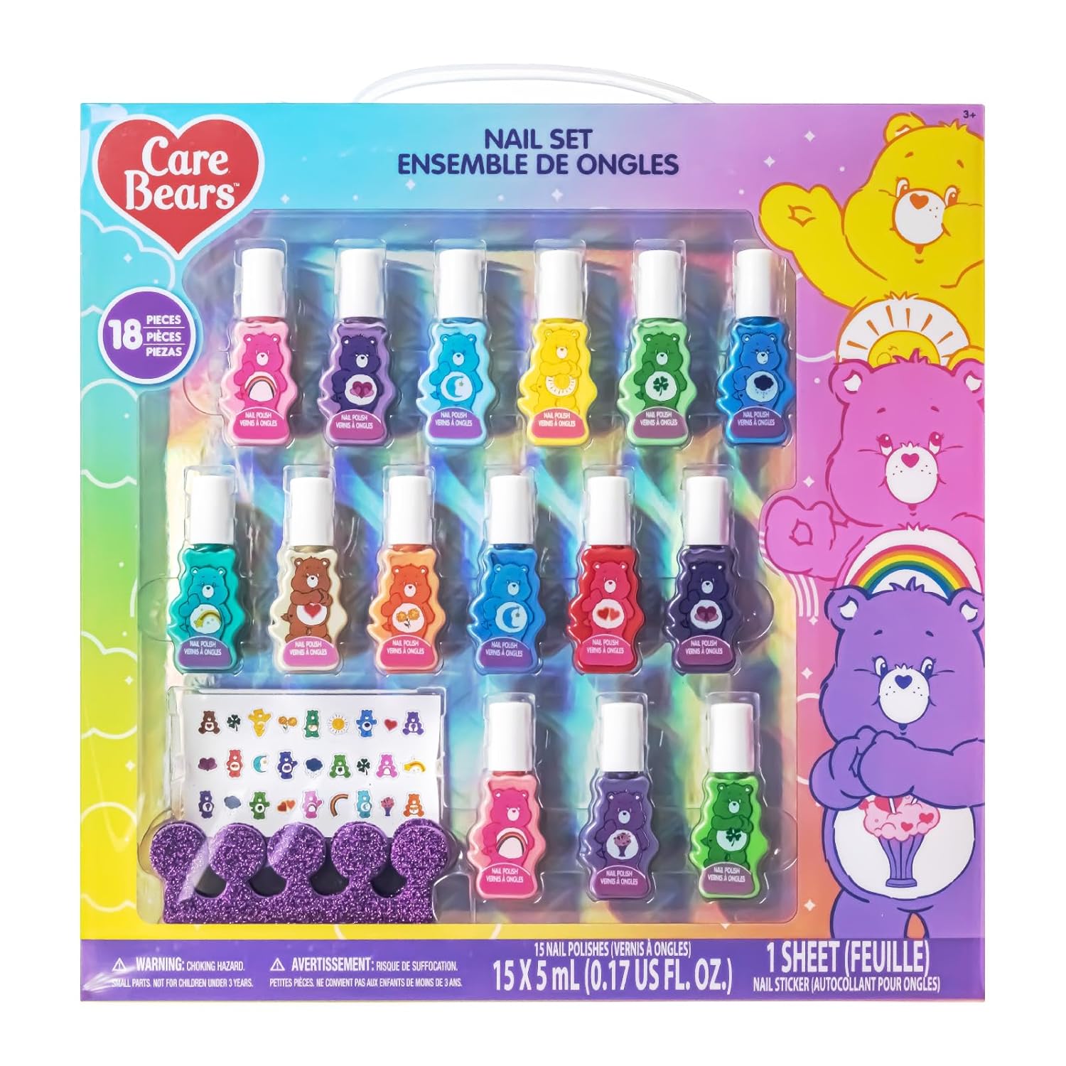 Townley Girl Care Bears 15 pcs Non-Toxic Nail Polish Set for Kids with Stickers & Toe Spacers | Peel able & Quick Dry | Birthday Gifts for Ages 3