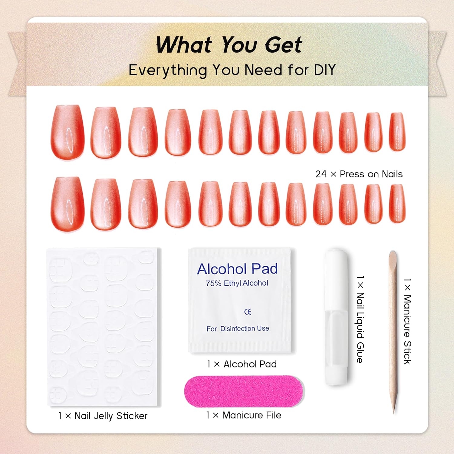 Press on Nails Coffin - Salmon Red Cat Eye Fake Nails Medium Acrylic Full Cover Glue on Nails in 12 Sizes - 24 Piece Nail Kit,Natural Fit for Women & Girls Daily Wear - Image 3