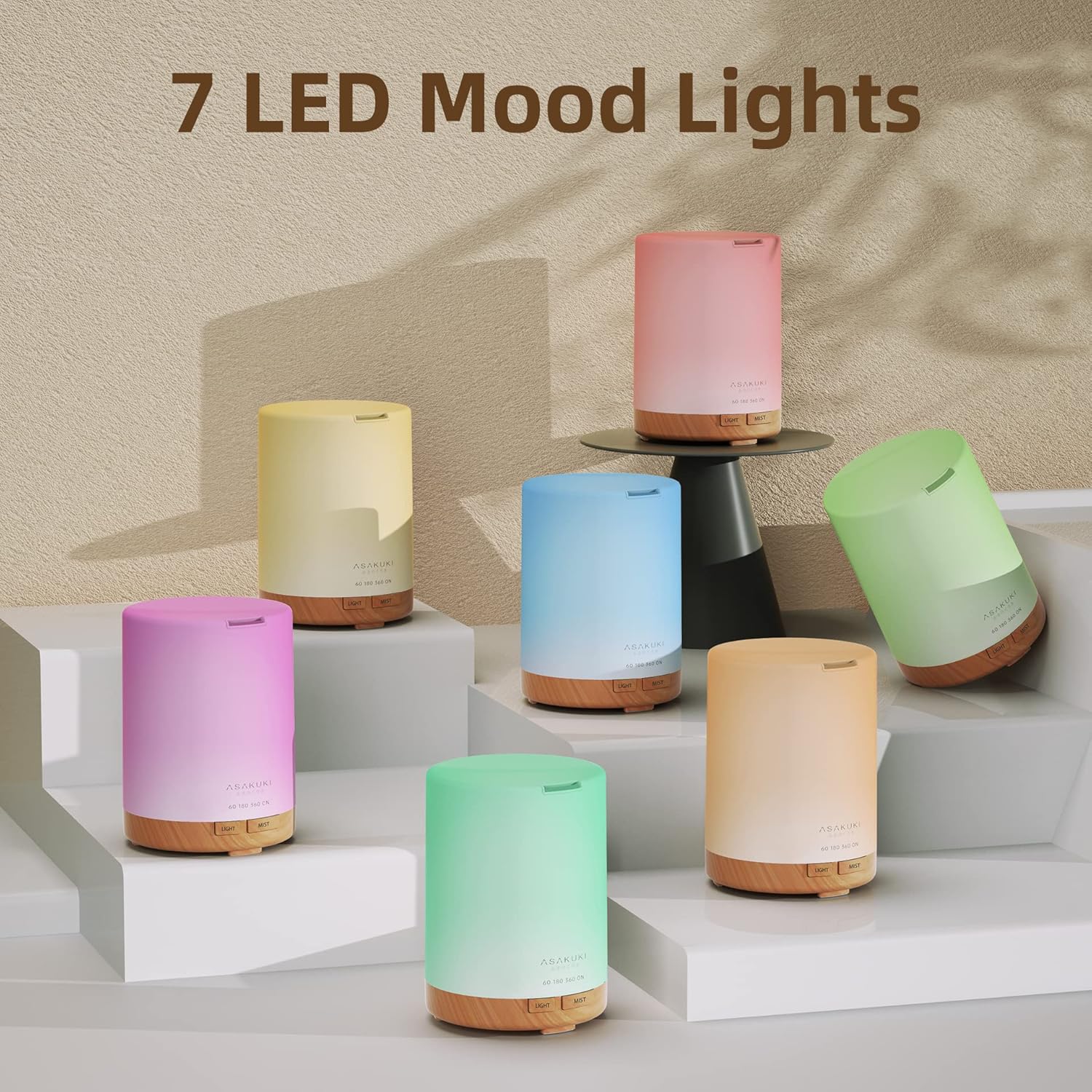 ASAKUKI Essential Oil Diffuser, Aromatherapy Cool Mist Home Humidifier with 7 LED Color Changing Light and Auto-Off Safety Switch, 8 Essential Oils Set, 300ml (Brown with Oils) - Image 3
