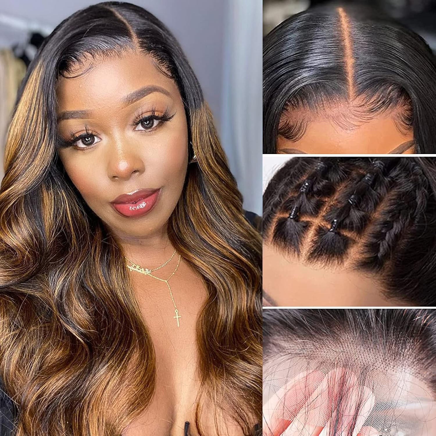 Brazilian Human Hair Highlight Balayage Body Wave Ombre Lace Closure Wig Honey Blonde 18 Inch 150% Density - Image 3