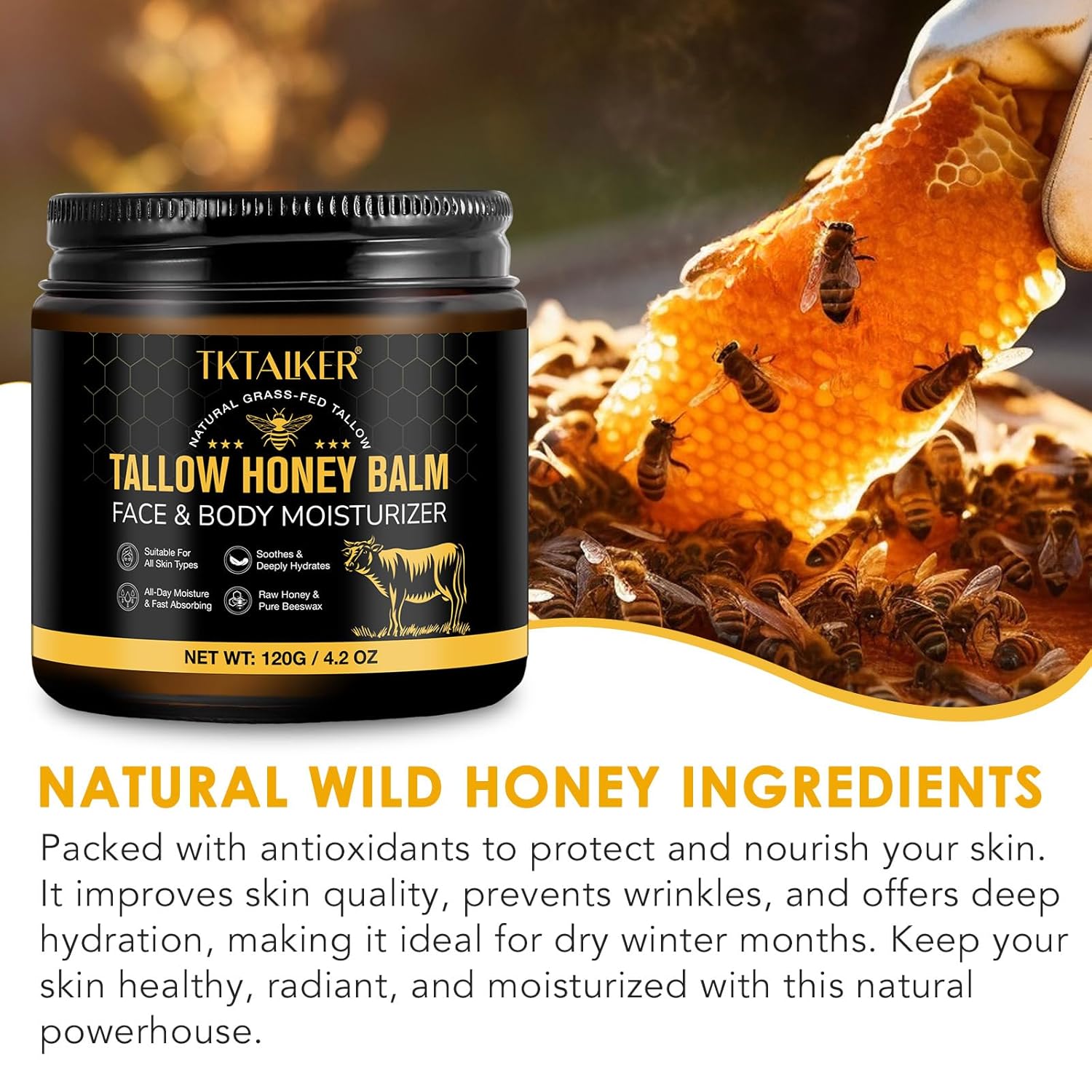 Beef Tallow for Skin, Beef Tallow for Face, Hydrating Tallow Balm with Raw Honey and Beeswax, Grass-Fed Beef Tallow & Raw Wild Honey Blend, Body & Face Moisturizer, Natural Formula, Light Scent - Image 7