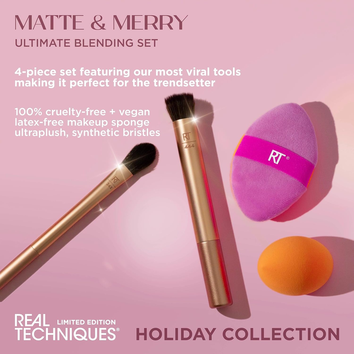 Real Techniques Matte & Merry Ultimate Blending 4 Piece Holiday Gift Set, Foundation Makeup Sponge, Dual-Sided Powder Puff, & 2 Makeup Brushes, Kitten Paw Brush, Stocking Stuffer, Limited Edition - Image 2