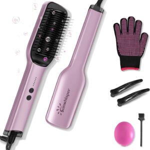 Ionic Hair Straightener Brush - 20 Million Anion, 5 Temps Setup, 20s Fast Heating & Dual Voltage, Ceramic Hair Brush Straightener for Women - Purple