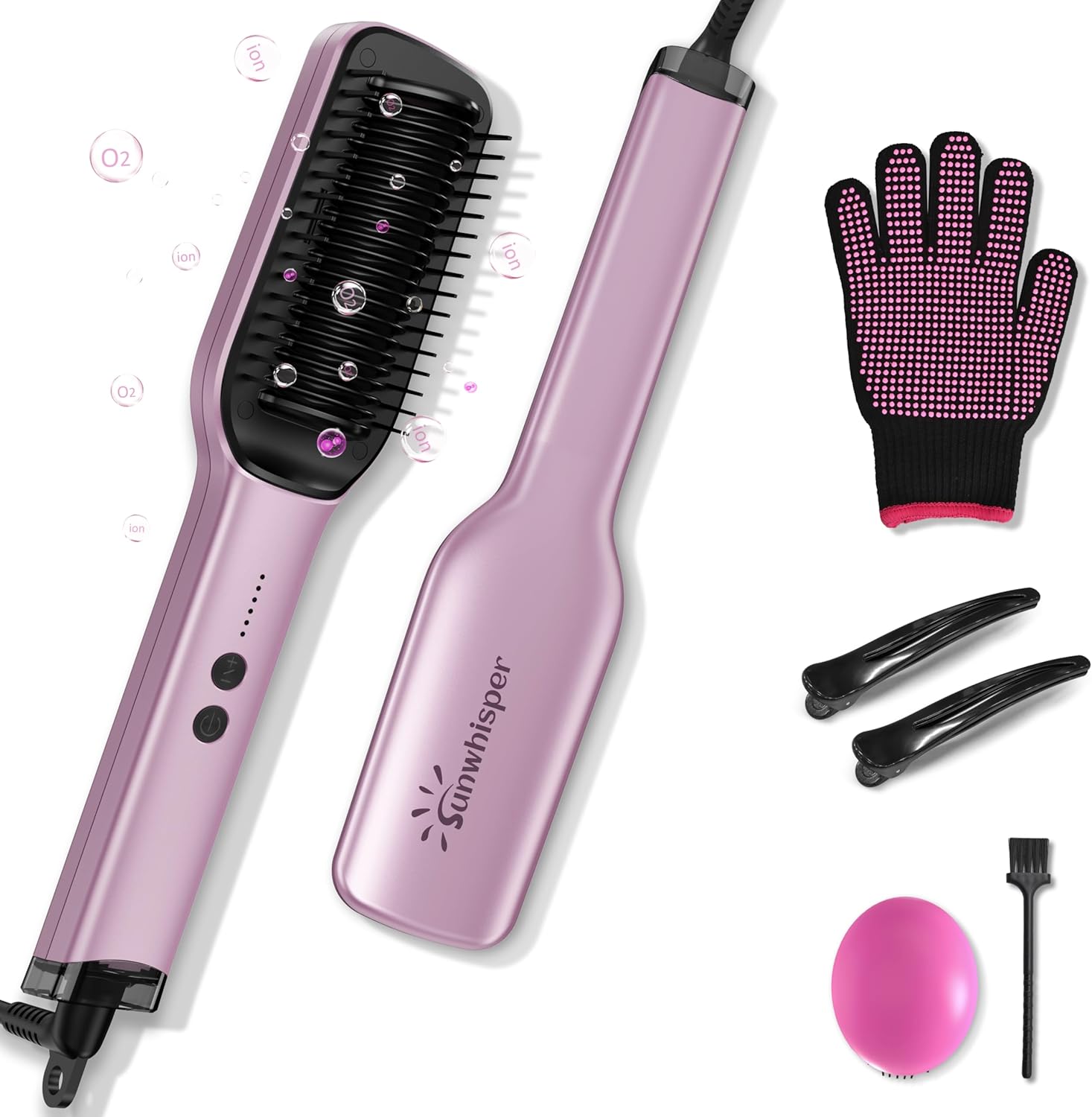 Ionic Hair Straightener Brush - 20 Million Anion, 5 Temps Setup, 20s Fast Heating & Dual Voltage, Ceramic Hair Brush Straightener for Women - Purple
