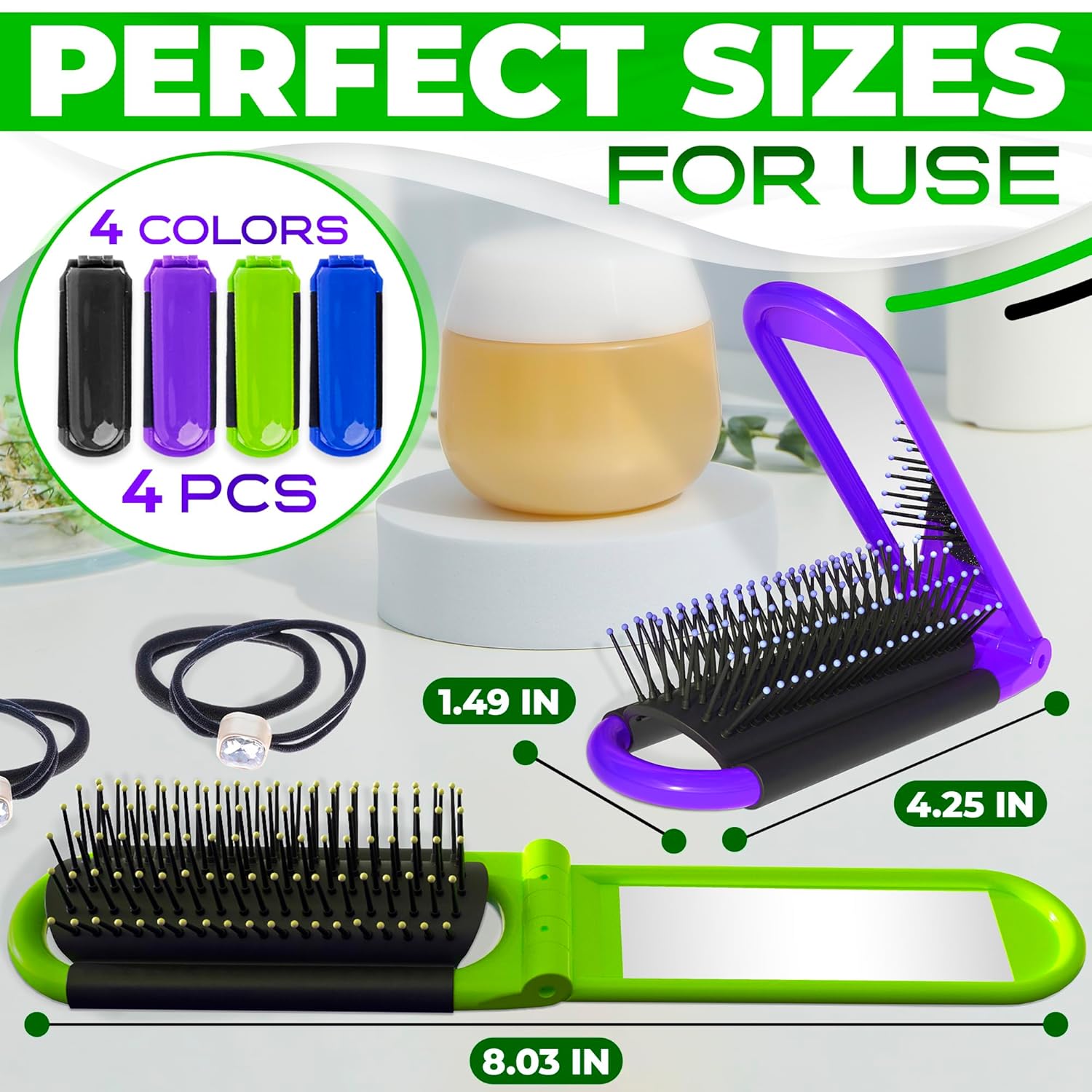 4 Pcs Travel Hair Brush - 4.25x1.49" Folding Hair Brush with Mirror and Flexible Nylon Bristles, Lightweight Travel Comb for Women - 4 Colors Pack, Foldable Hairbrush for Styling on the Go - Image 2