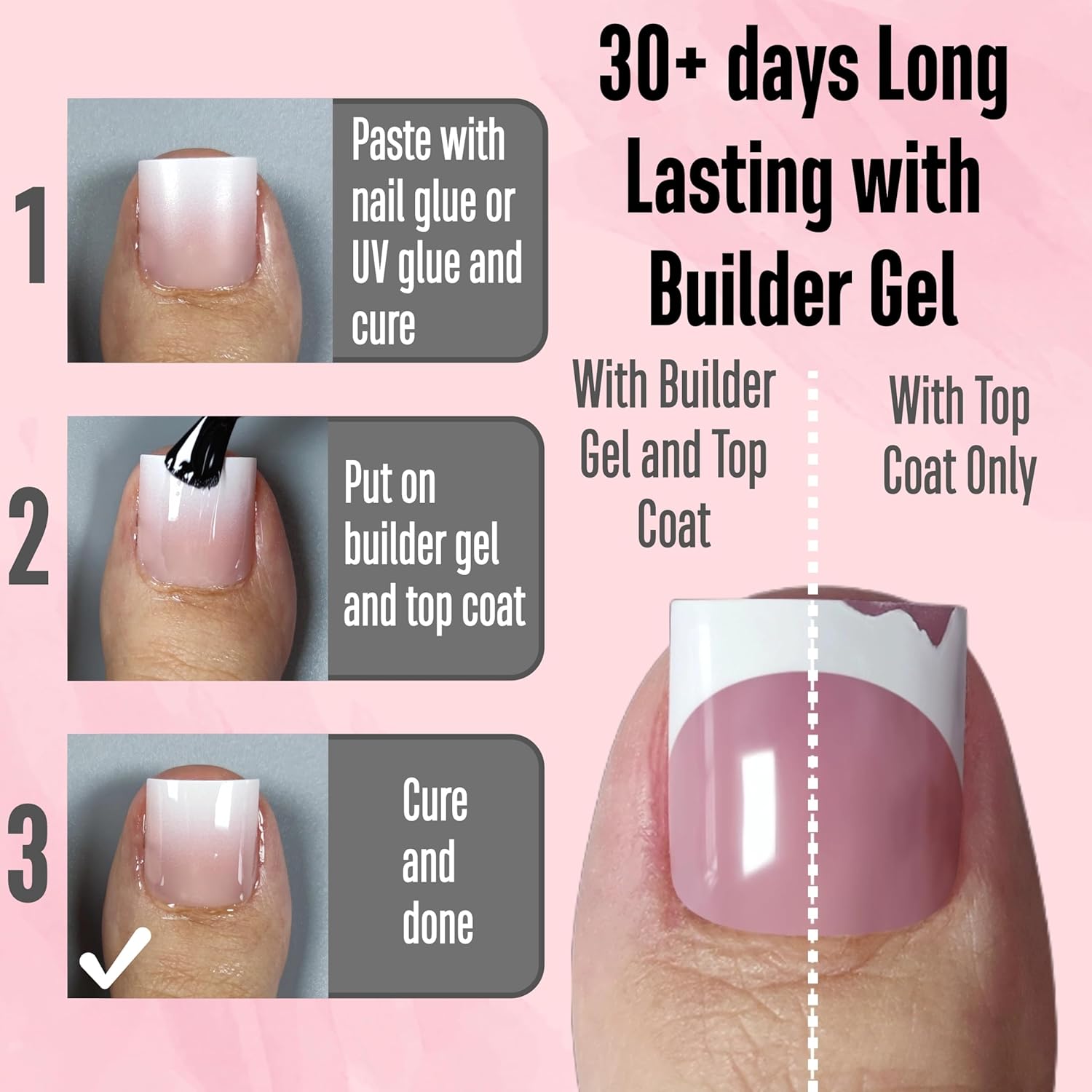 Ombre French Tip Press on Toe Nail Tips, Sharp Square Pre-Designed Soft Gel False Toenail Extension, BABY PINK Pre-applied Tip Primer & Base Coat, Full Cover Acrylic DIY x 15 Sizes 240 pcs - Image 2