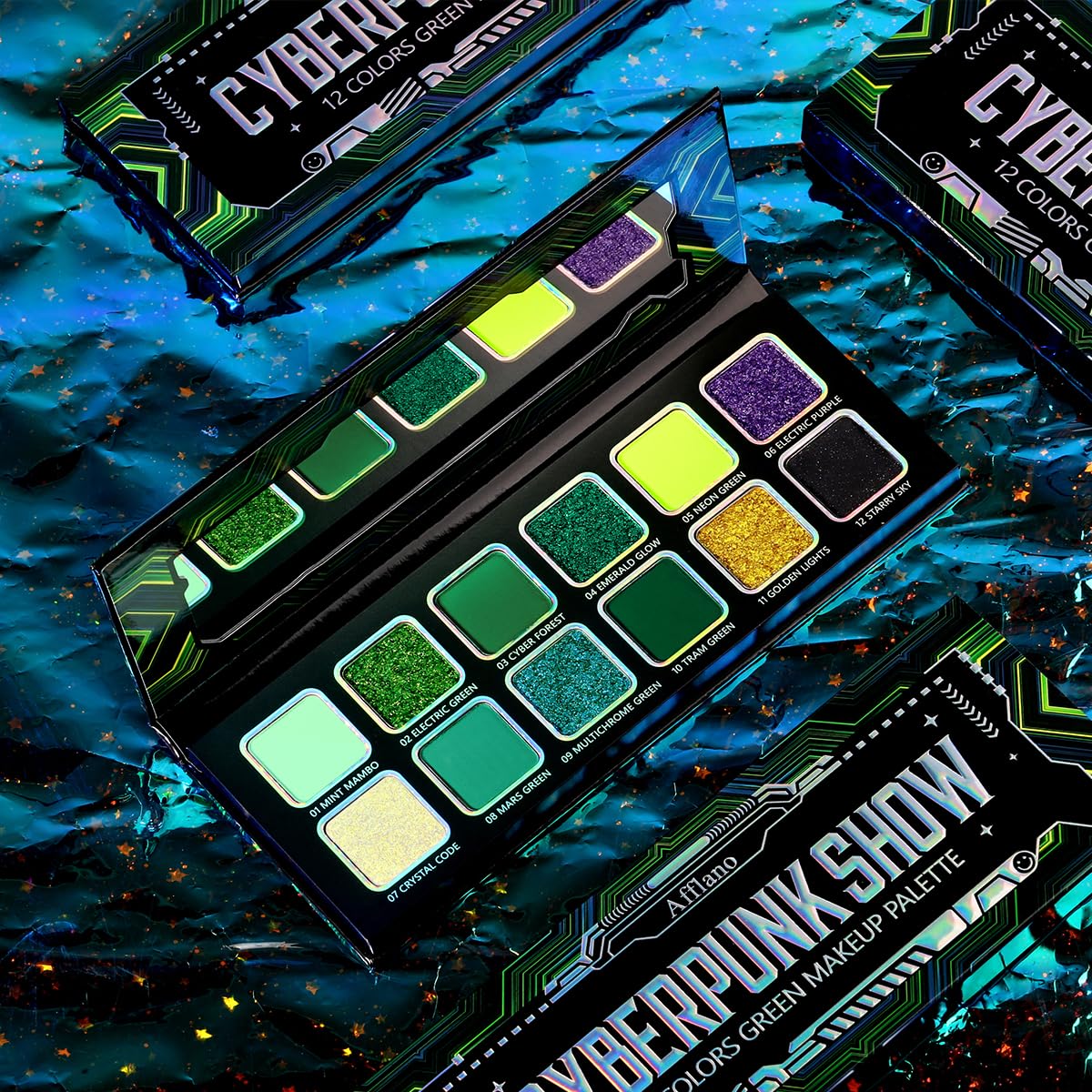 Afflano Multichrome Green Eyeshadow Palette, Color-Shifting Green Glitter Eyeshadow Pallet, Matte Chrome Eye Shadow Dark Forest green Makeup for Women Smokey Blue Brown Eyes Cosplay Party Daily Use - Image 7