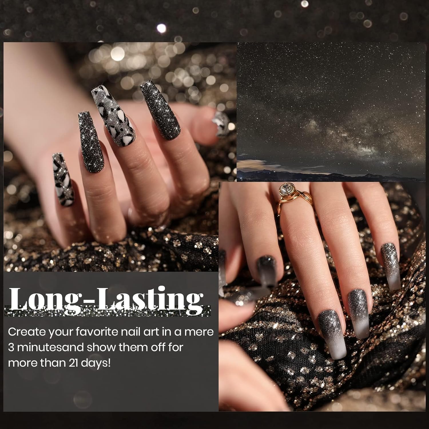 Beetles Black Gel Nail Polish, 1Pcs 15ML Glitter Gel Nail Polish Black Sparkle Reflective Shimmer Color Soak Off UV Lamp Disco Nail Art Manicure Salon DIY at Home Gifts for Her - Image 4