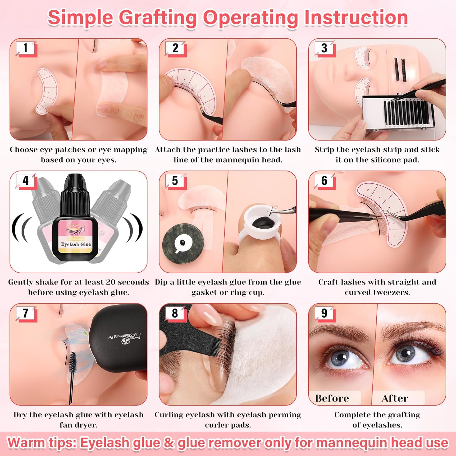 Lash Kit for Eyelash Extension Beginners Eyelash Extension Kit with Lash Mannequin Head, Eyelash Extension Practice Starter Kit with Everything USB Fan Lash Glue False Eyelash Lash Shampoo - Image 7