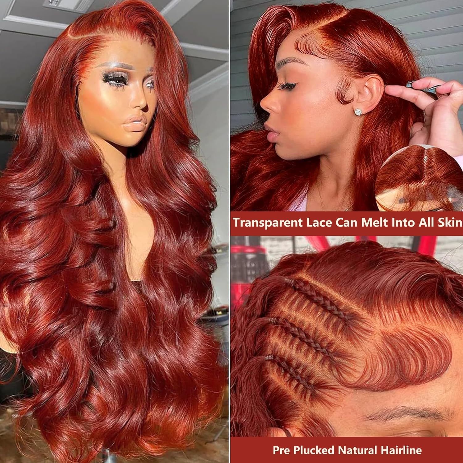 360 Reddish Brown Lace Front Wigs Human Hair 180% Density Copper Red Human Hair Lace Front Wig Pre Plucked 33# Auburn Brown Body Wave 360 Wig Ginger Brown Colored Wigs for Women 22" - Image 2
