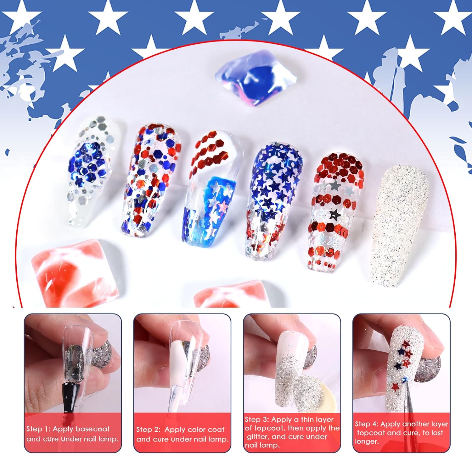 Laza Independence Day Nail Art Glitters 12 Colors Red Blue Silver Fine Powder Chunky Star Sequins Hexagon Confetti 4th of July Nail Decals Festival Polish Nail Art Supplies - Colorful Holiday - Image 5