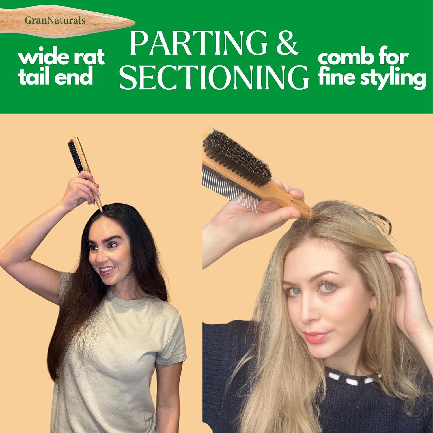 GranNaturals Boar Bristle Slick Back Hair Brush w/Comb for Smoothing Sleek Ponytail Bun - Wide Rat Tail & Metal Comb Hairbrush for Parting, Teasing, Backcombing, Sectioning, Edge Control, Flyaways - Image 5