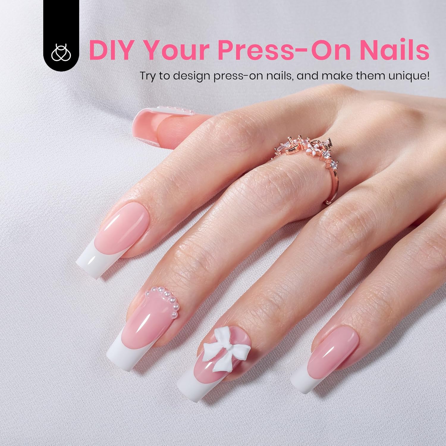 Beetles French Tip Press on Nails Long Square Salon Quality, White French Pink Gel Nail Tips 15 Sizes, Etch X Pre-Primer No Need to File Tips Soak Off Acrylic Nails Extensions DIY Nail Art for Women - Image 5