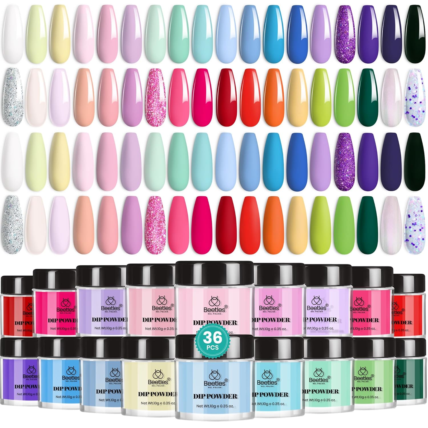 Beetles Dip Powder Nail Kit, 36 Colors Glitter Nude Pink Red Green Pastel Dip Nail Powder Starter Kit Quick Drying Spring Dipping Powder Set for French Nails Art Manicure DIY Salon Gift for Women