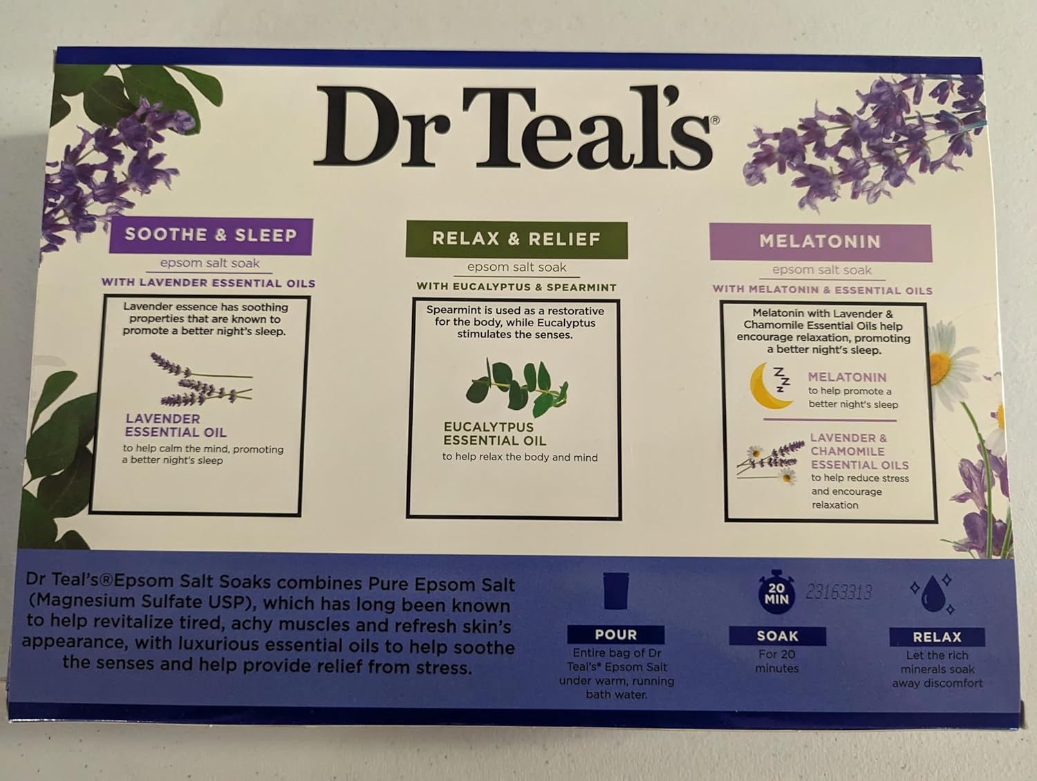 Dr. Teal's Epsom Salt Stress Relief Gift Set (Three 11oz Bags) - Relax & Relief Eucalyptus, Melatonin Soak, & Soothing Lavender - Give The Gift of Relaxation - Soothe Aches with at Home Spa Kit - Image 2