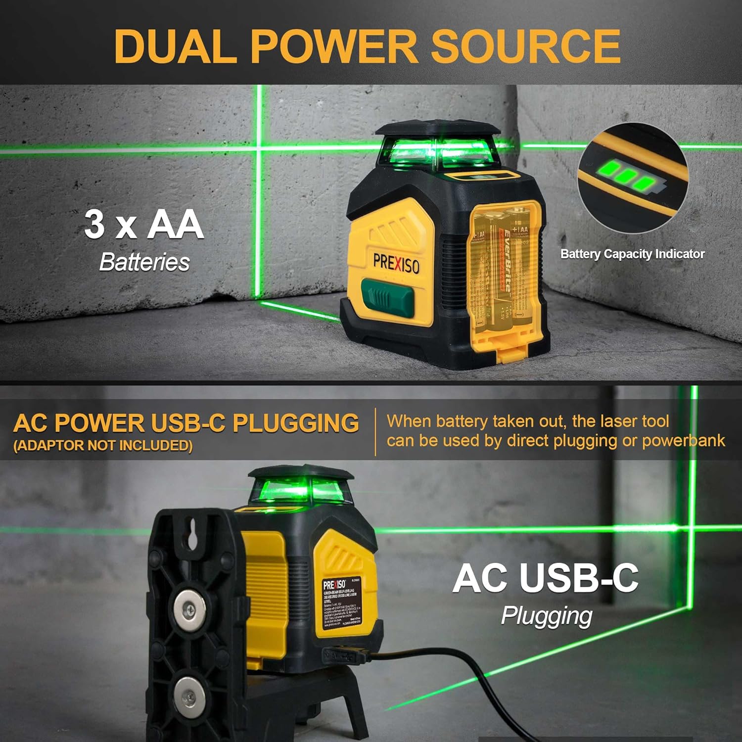 PREXISO 360° Laser Level with Tripod, 100Ft Dual Power Self Leveling Cross Line Laser- Wide Angle Vertical Line for Construction, Floor Tile, Renovation with Magnetic Base, Wall Panel Stand, Carry Bag - Image 3
