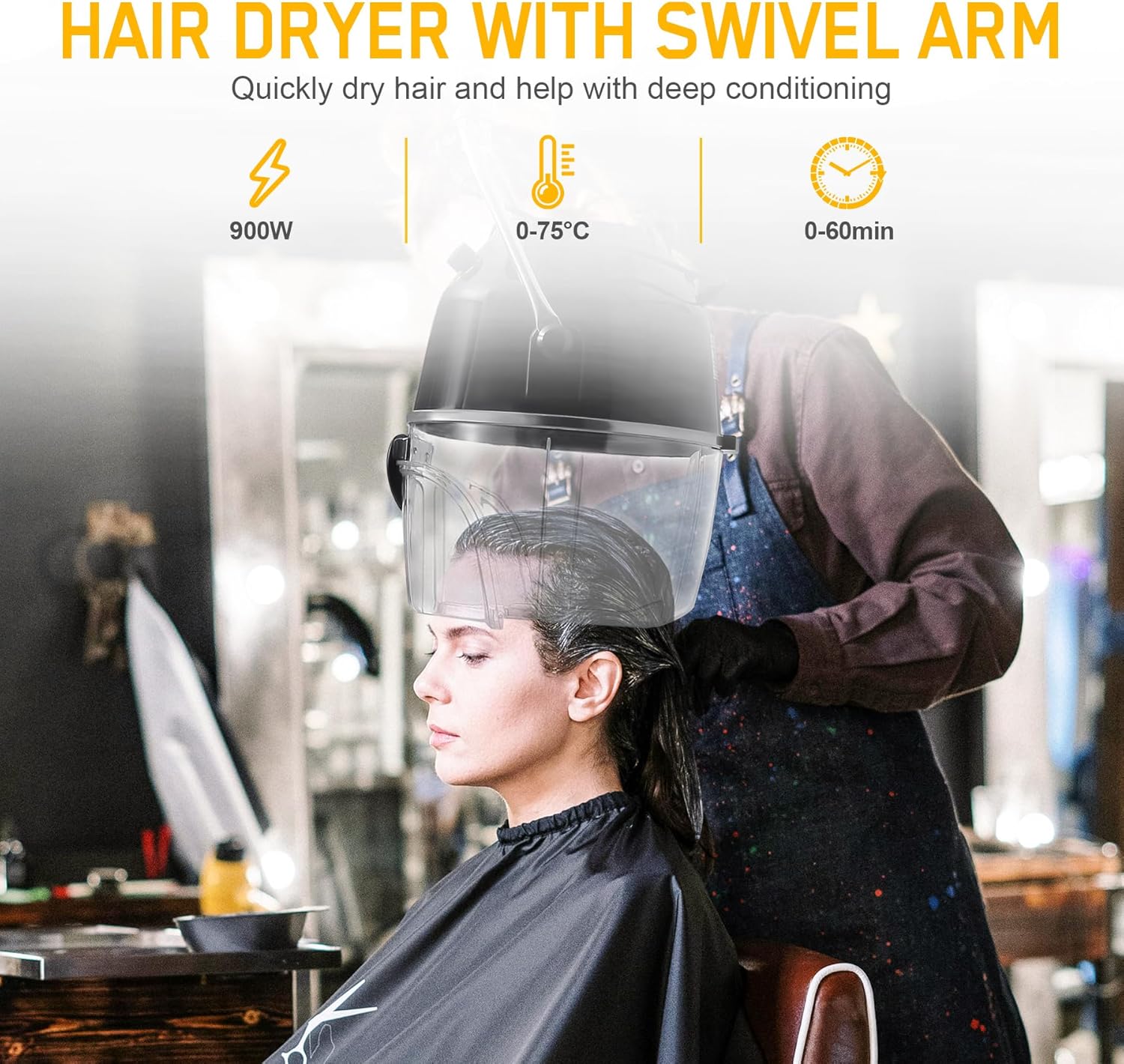 Professional 900W Wall Mounted Hair Dryer with Swivel Arm, Fast Hair Drying Low Noise for Salon, Adjustable Termperature 5-70°C Timer 0-60 Min Hairdryers Black - Image 2