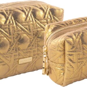 Lilly Pulitzer Gold Quilted Zipper Pouches, Cute Cosmetic Case for Women, Travel Toiletry Bag, Small Pouch Bag for Supplies, Set of 2, Makeup or Toiletries, Gold Lattice