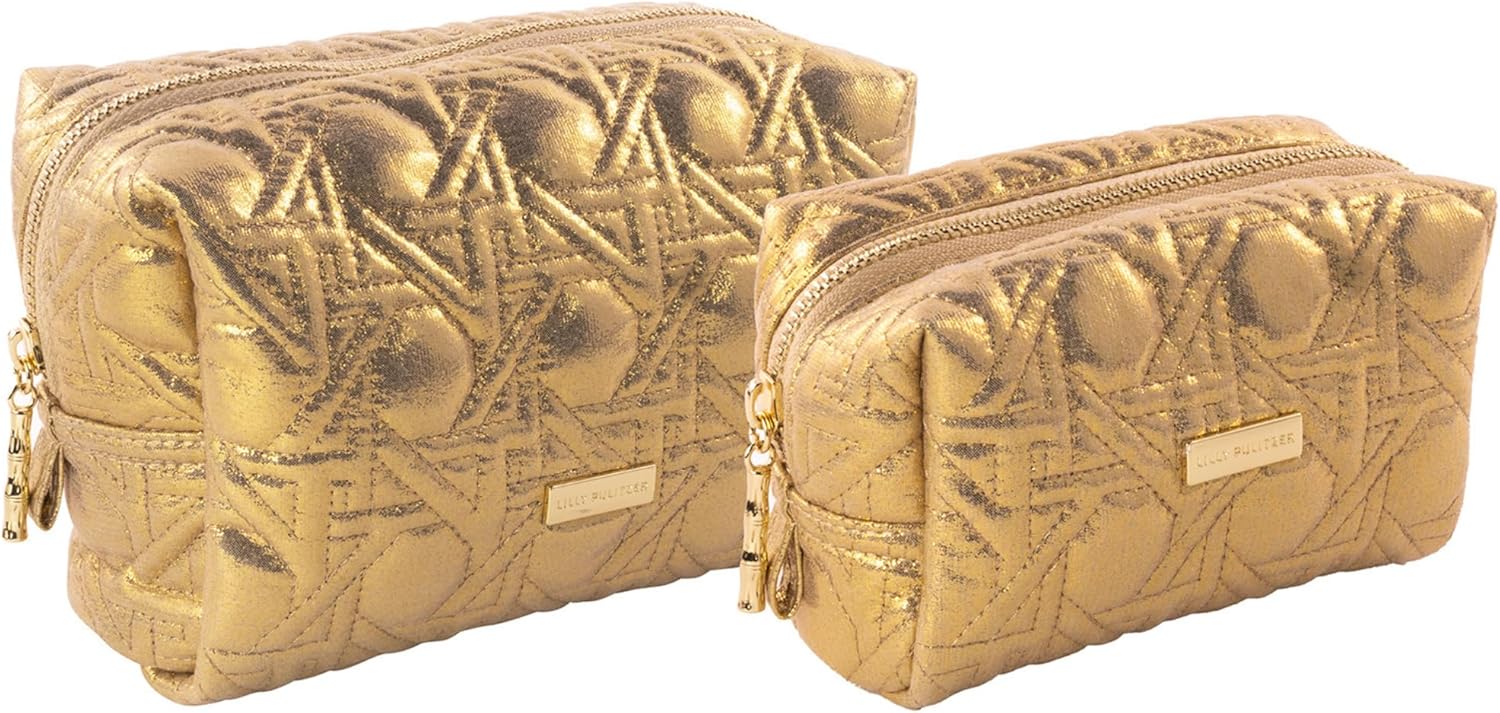 Lilly Pulitzer Gold Quilted Zipper Pouches, Cute Cosmetic Case for Women, Travel Toiletry Bag, Small Pouch Bag for Supplies, Set of 2, Makeup or Toiletries, Gold Lattice