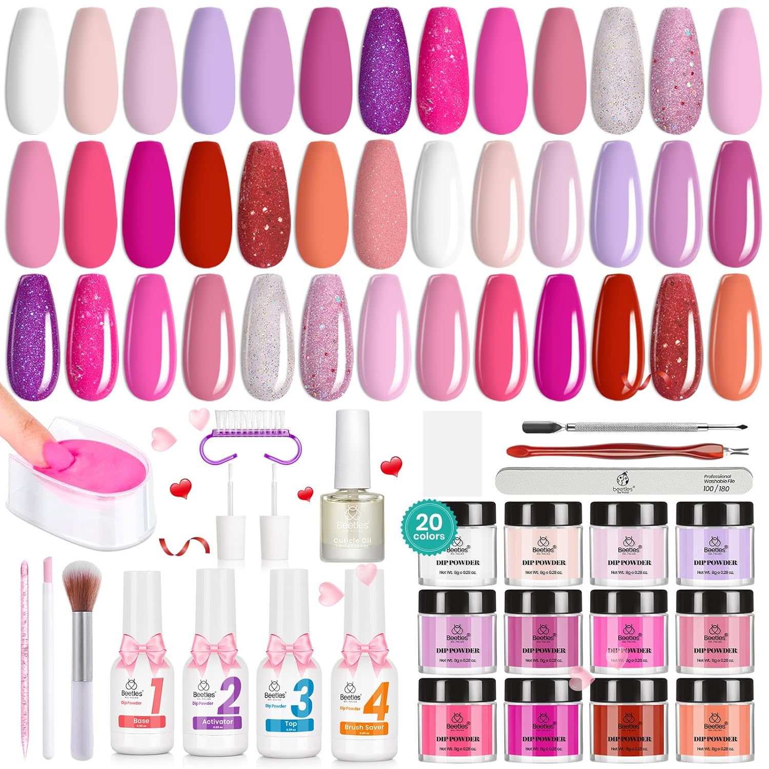 Beetles Dip Powder Nail Kit 36pcs 20 Colors Nude Hot Pink Red Glitter White Dip Nails Powder Starter Kit with Base Top Coat Activator Cuticle Oil Nail Set for Women Alluring Sweetie Collection - Image 8