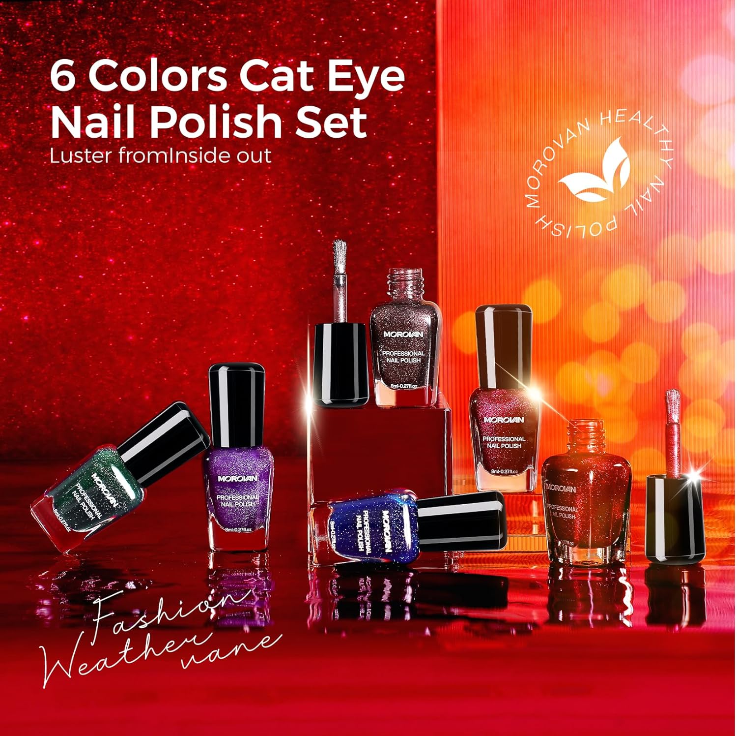 Morovan Magnetic Nail Polish Set:Cat Eye Glitter Red Green Purple Blue Nail Polish Kit Shimmer Quick Dry Nail Polish Bulk for Women Nail Art Manicure Salon Gift Holiday Party - Image 9