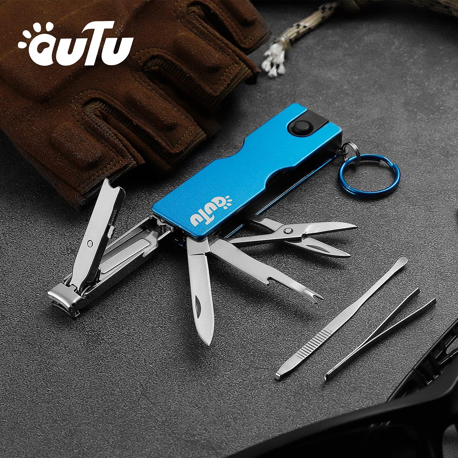 OUTU Keychain Nail Clippers Multitool, 8 in 1 EDC Utility Tool with Nail Clipper, Scissors, Tweezers, Gifts for Him Men Husband Dad Boyfriend (Blue) - Image 3